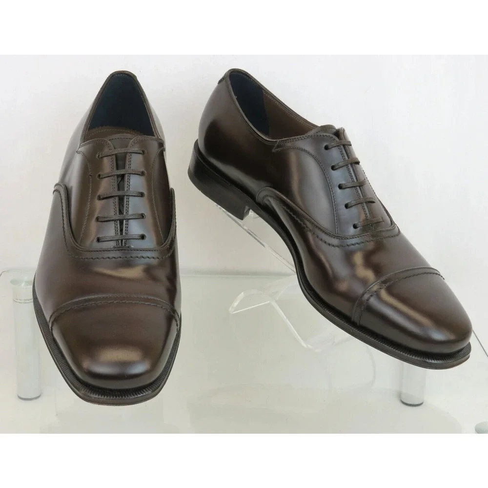 NIB FERRAGAMO SEUL DARK BROWN POLISHED LEATHER CAP TOE LOGO OXFORDS 12 D